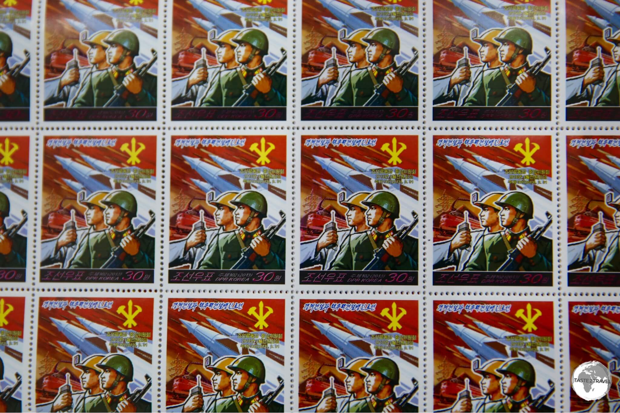 North Korean stamps feature striking propaganda artwork and make for interesting souvenirs. 