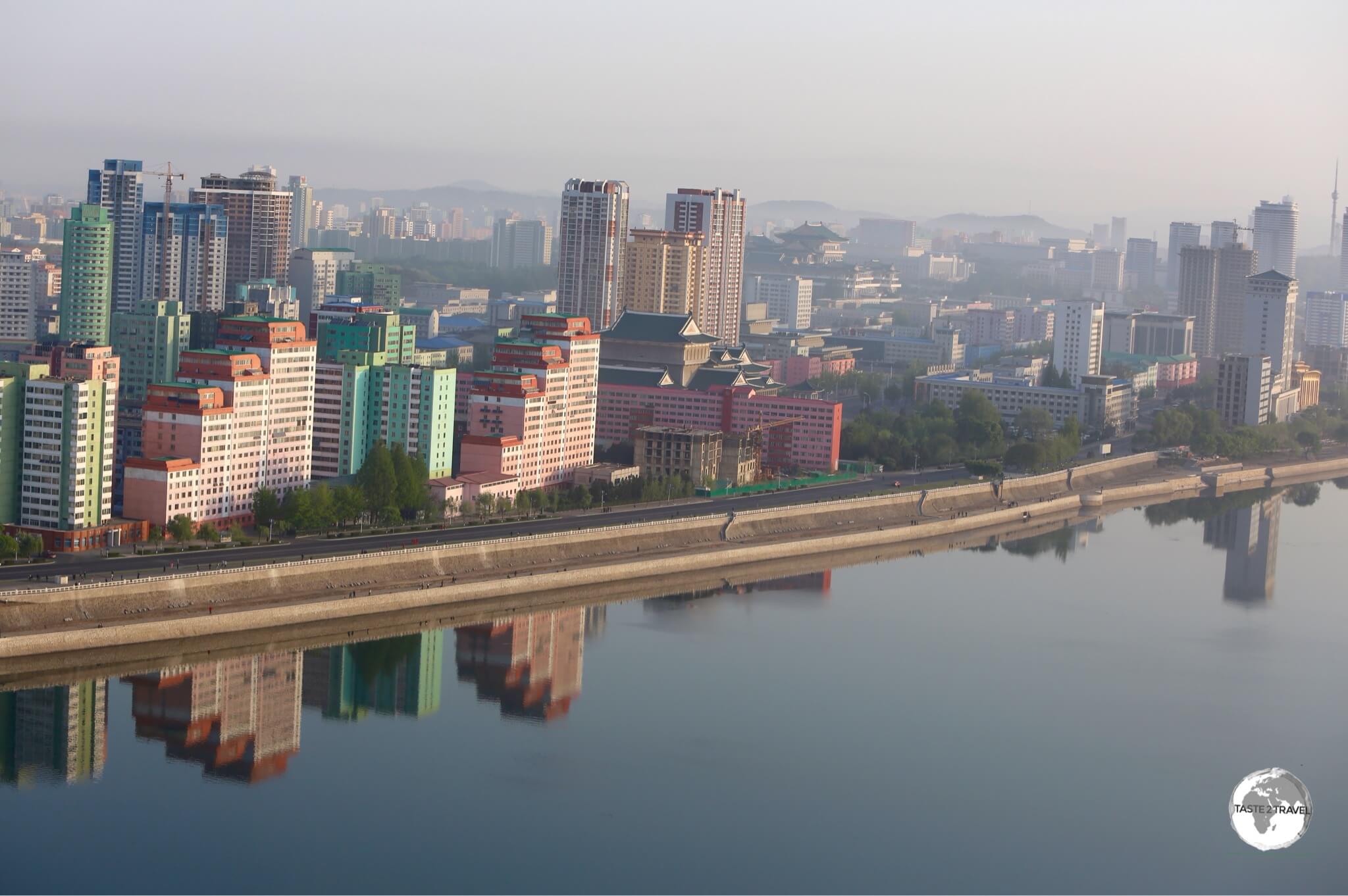 A view of downtown Pyongyang and the Taedong River from my hotel room at the Yanggakdo International Hotel.