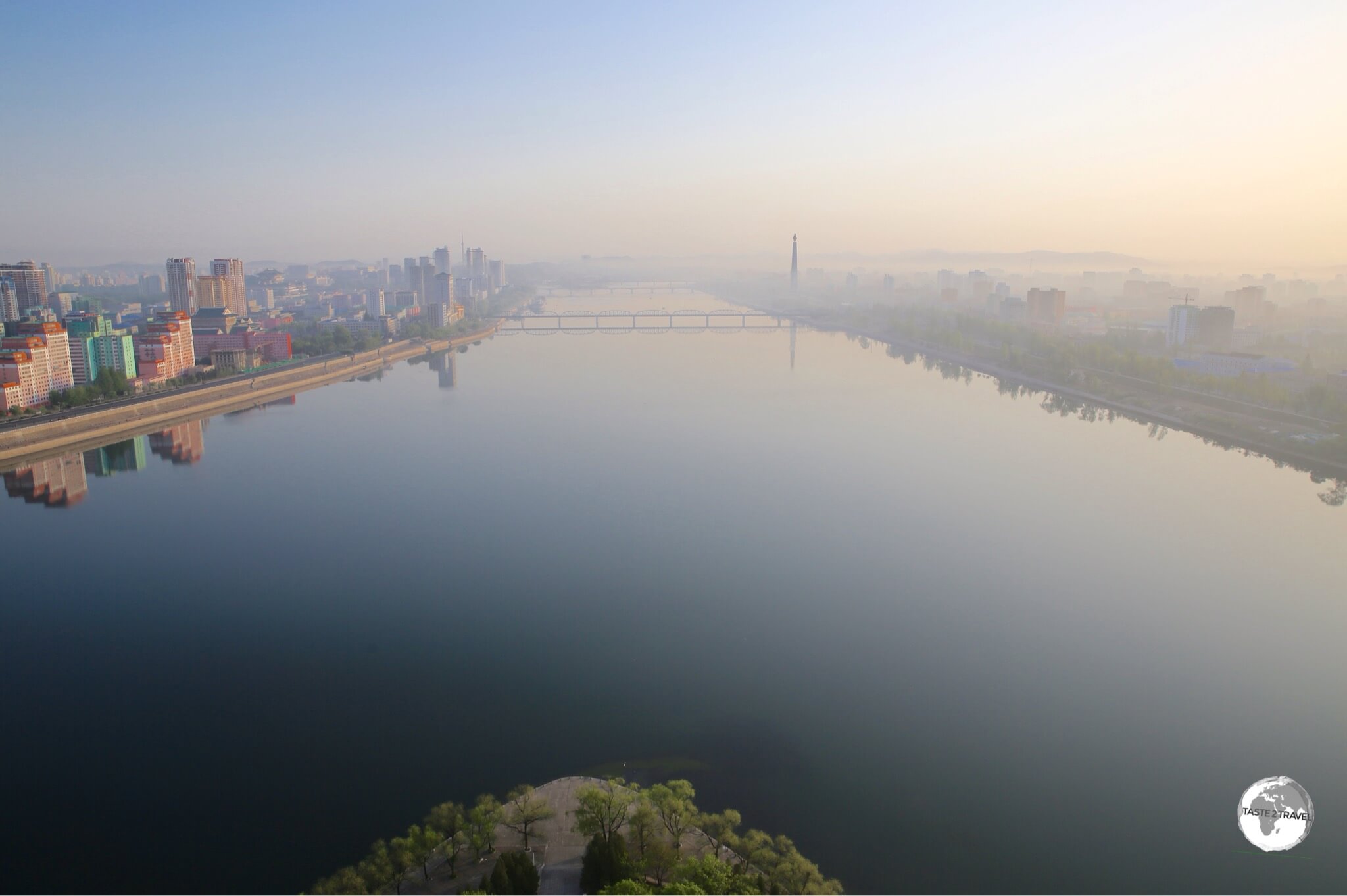 An early morning view, from my room at the Yanggakdo International Hotel, of the Taedong River, which passes through downtown Pyongyang.