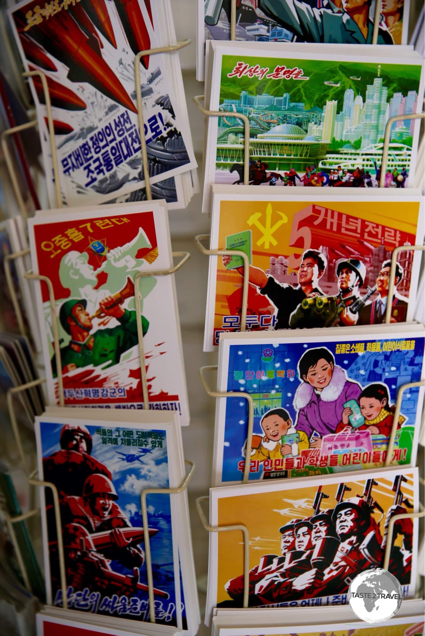 Colourful DPRK propaganda postcards, on sale at the Foreign Language Bookshop in Pyongyang.