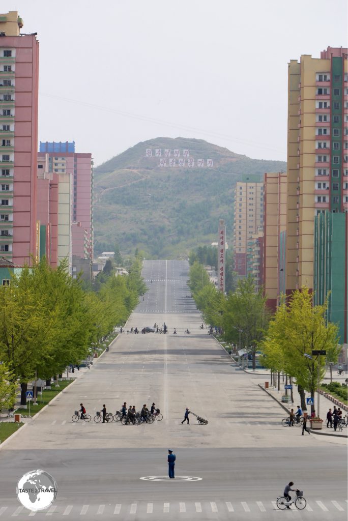 The 6-lane, main street of Kaeson, which was completely free of traffic, as is typical in North Korea.