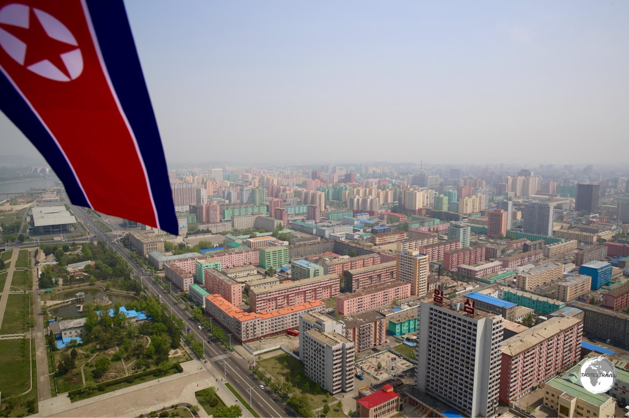 A view of the colourful apartment blocks of Pyongyang from the top of the Juche tower.