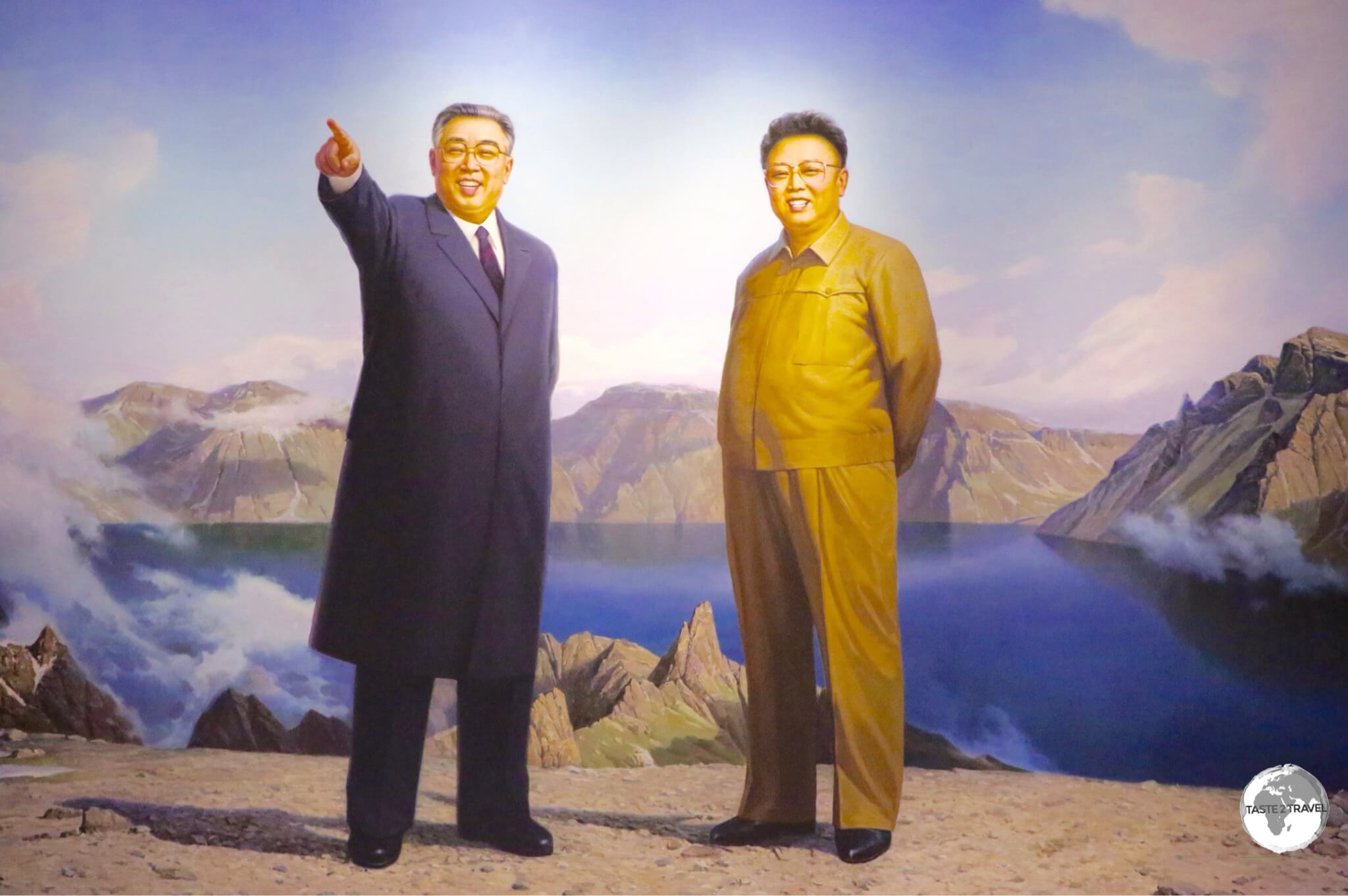 Artwork depicting Kim Il-Sung and Kim Jong-Il on Mount Paektu, which has always been considered sacred by Koreans throughout history.