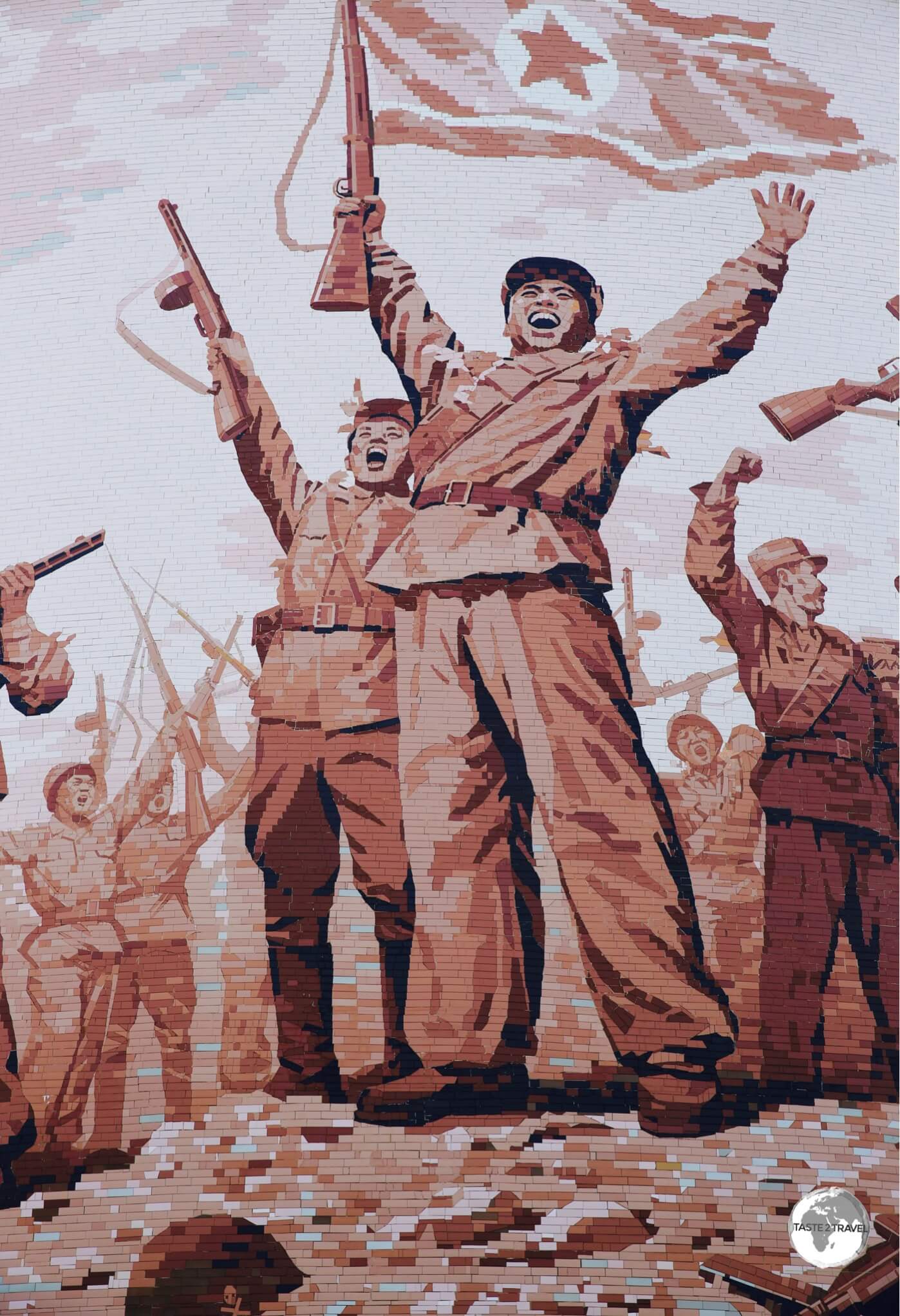 A giant tiled-mosaic depicting <i>Victory</i> at the Victorious Fatherland Liberation War Museum in Pyongyang.