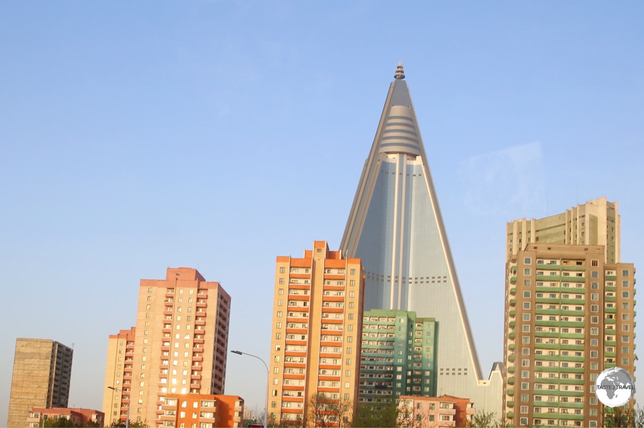 The 105-story Ryugyong Hotel dominates the skyline of Pyongyang.