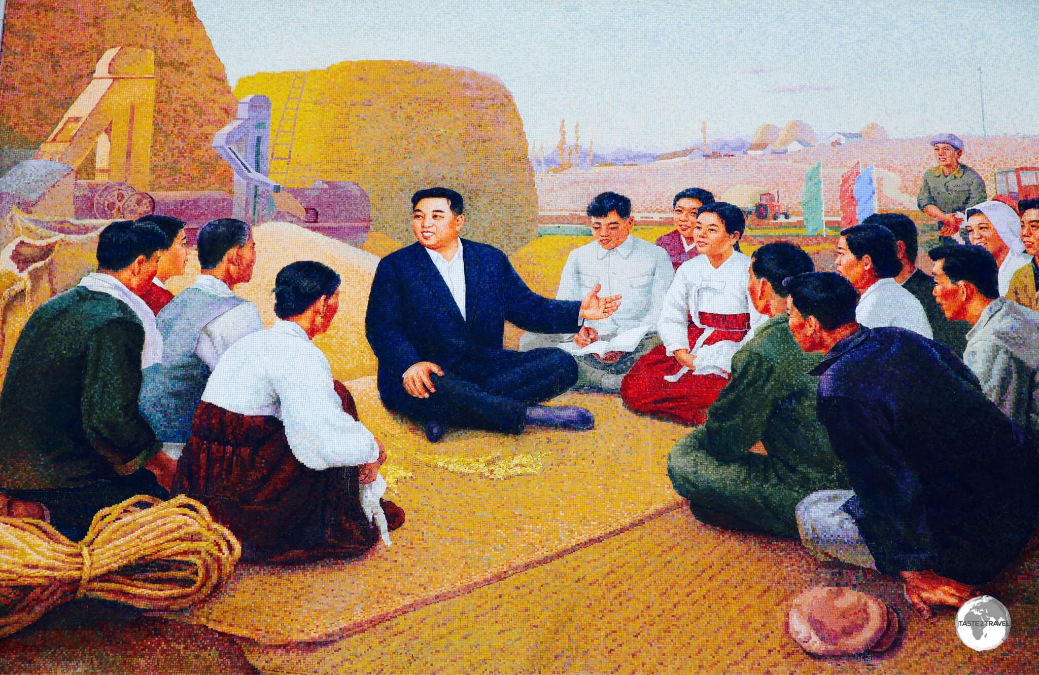 A tile mosaic at the <i>Chongsan-ri Cooperative Farm</i> commemorates the visit of Kim Il-sung to the farm in 1960.