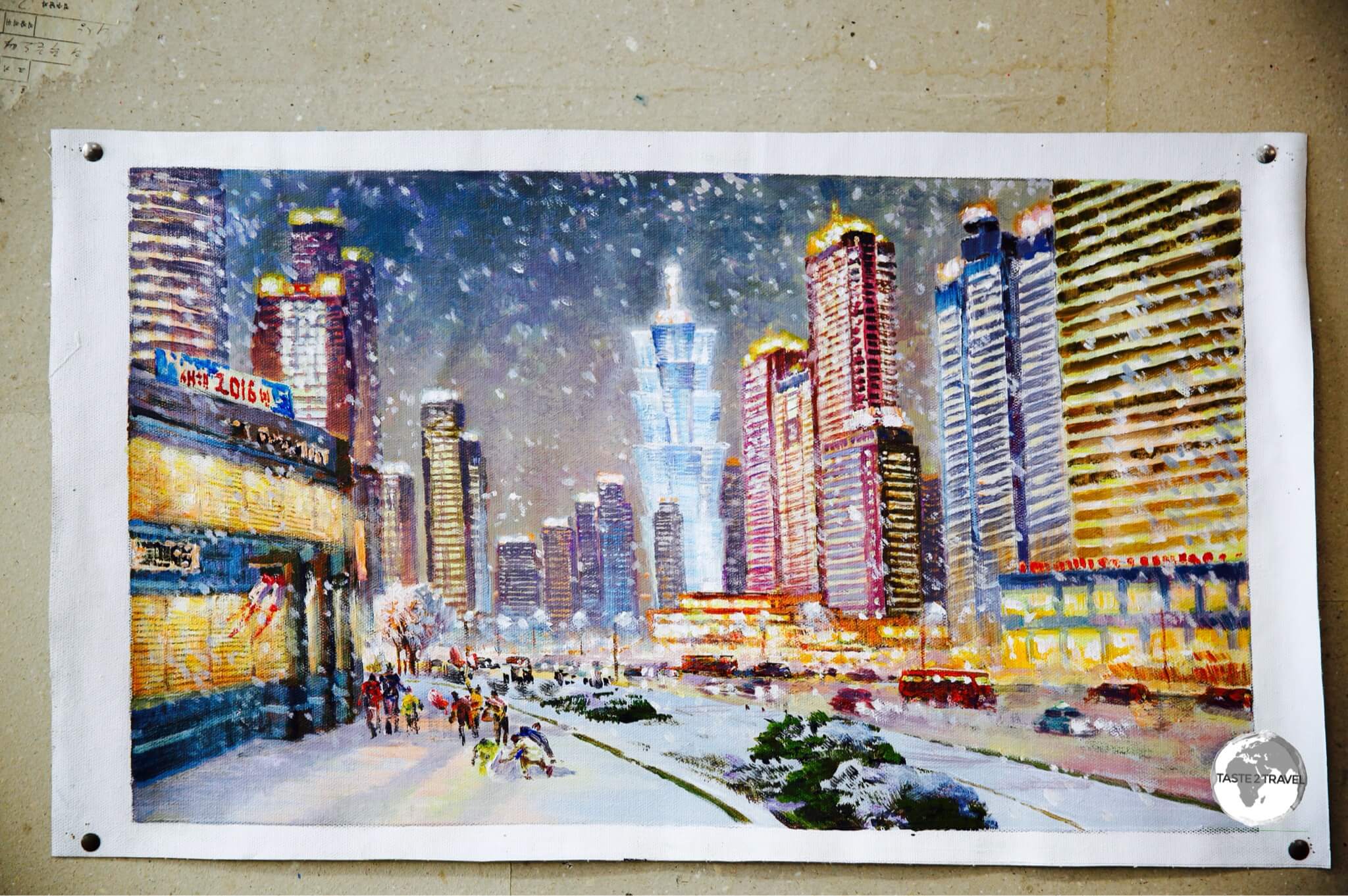 A painting at Mansudae Art Studio, showing a wintry <i>Mirae Future Scientists</i> street in Pyongyang.