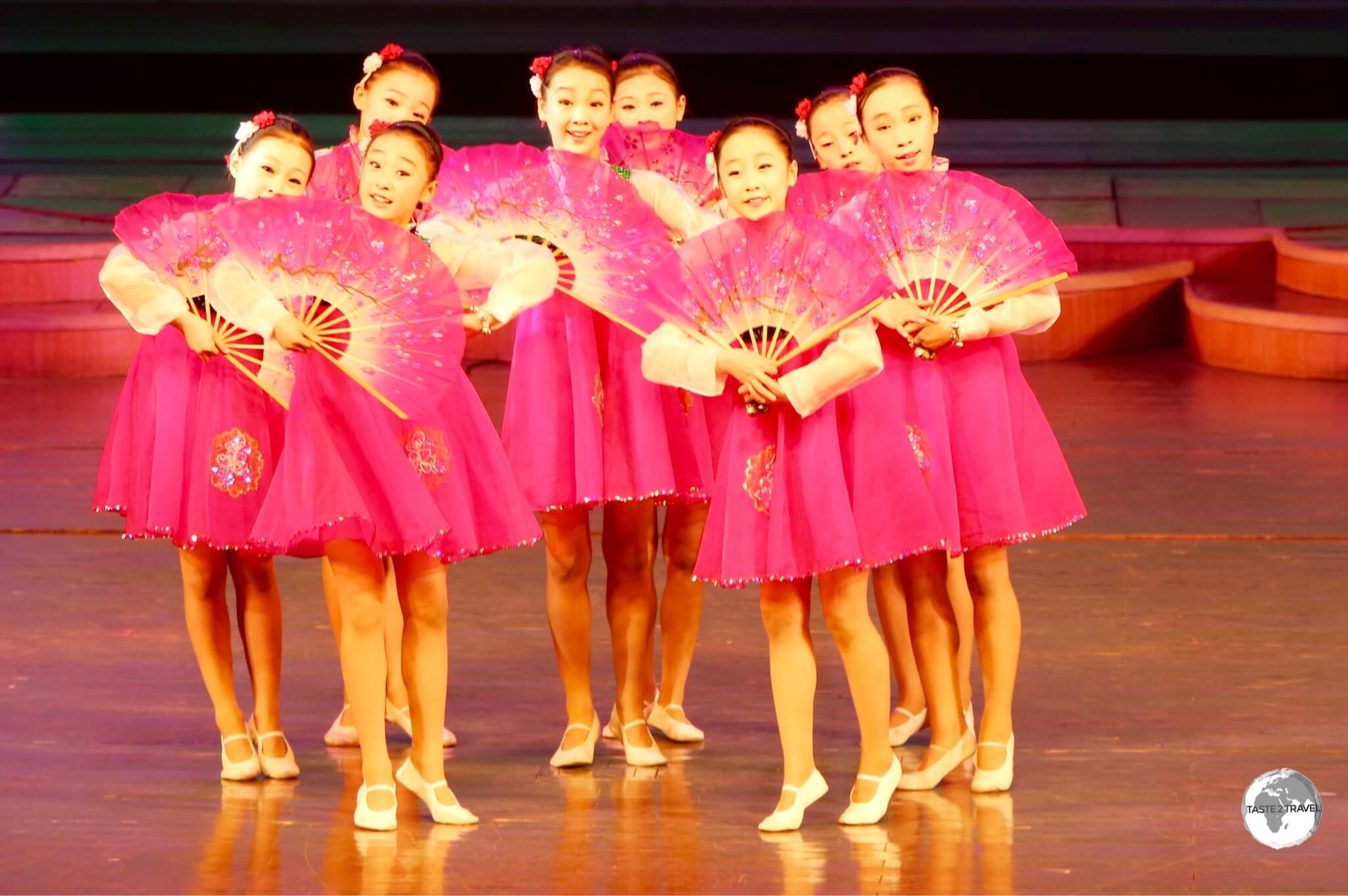 Young girls performing at the Mangyongdae Schoolchildren’s Palace in Pyongyang.