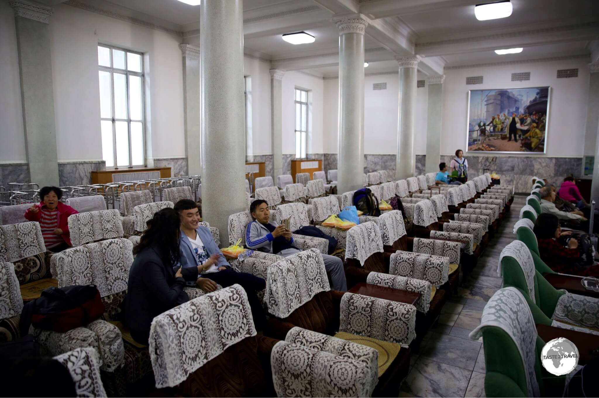 The lace-filled waiting room at Pyongyang railway station.