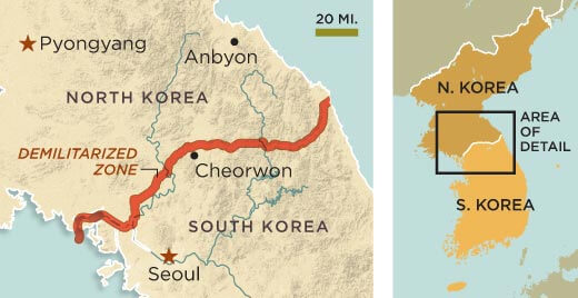 A map showing the DMZ slicing its way across the Korean peninsula. <i><br>Source: Smithsonianmag.com</i></br>