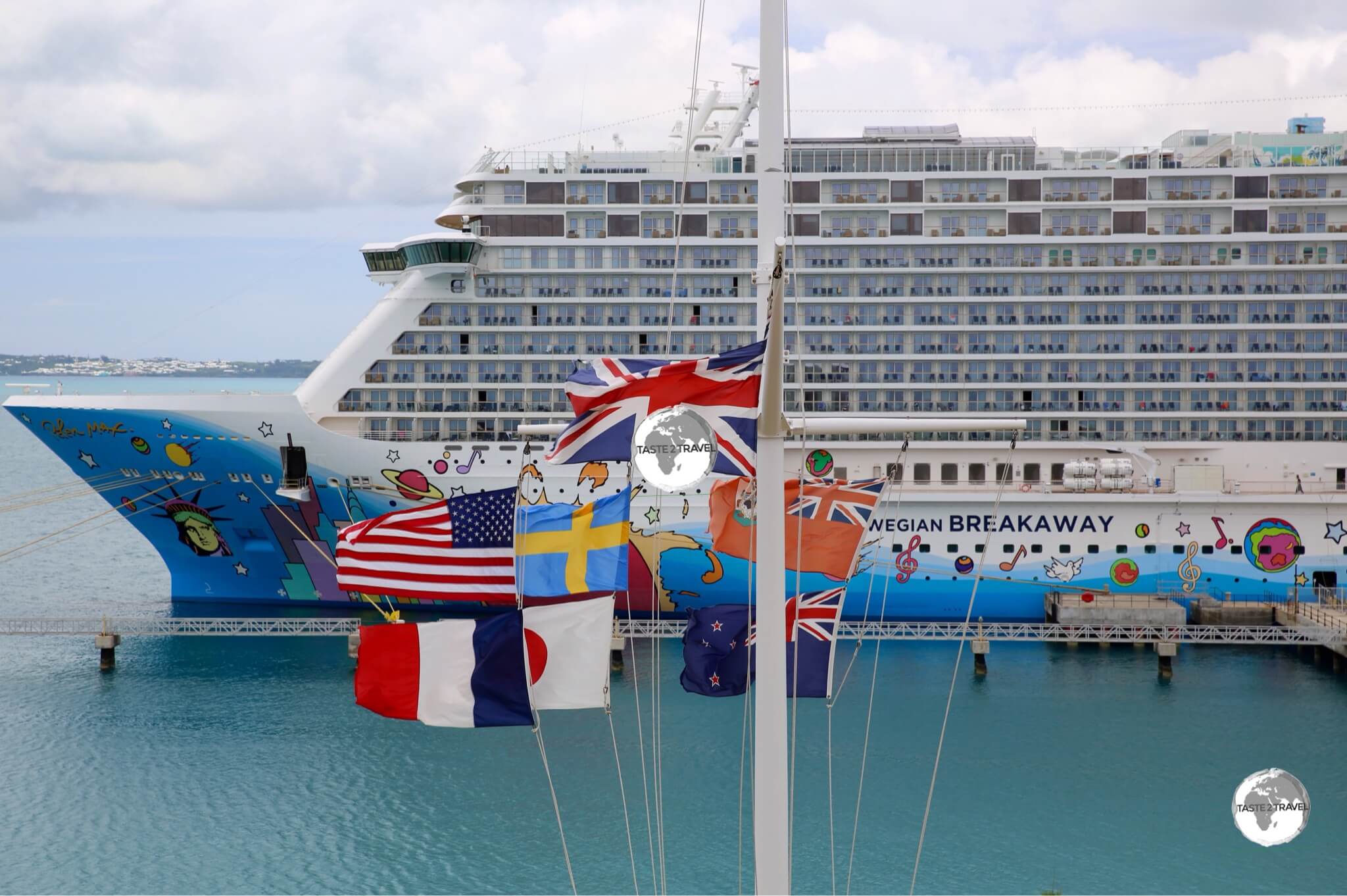 A Norwegian Cruise Line ship, docked at the Royal Naval dockyard.