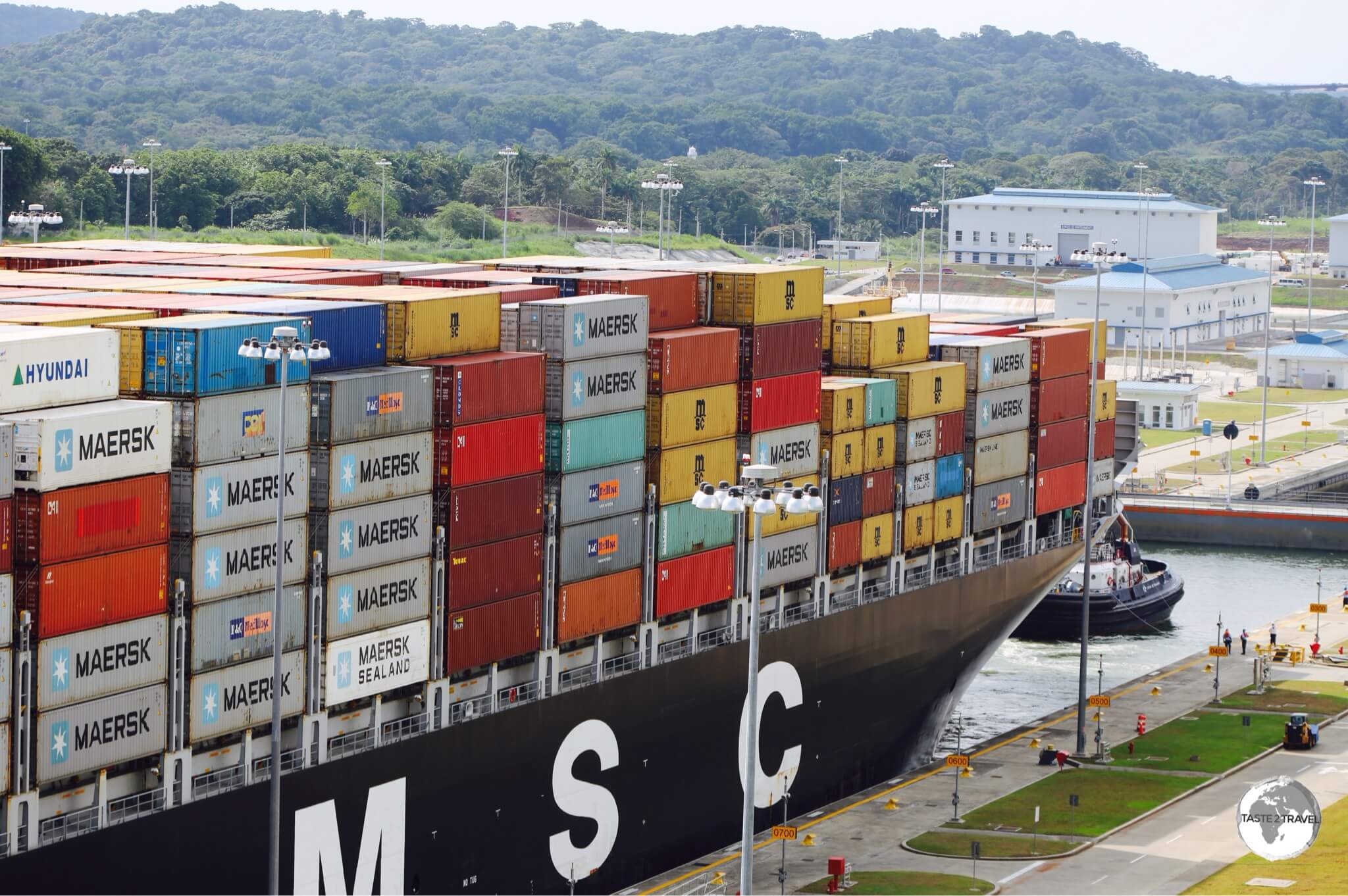 MSC Antigua, inside Lake Gatun lock, being lowered to the level of the Caribbean sea.