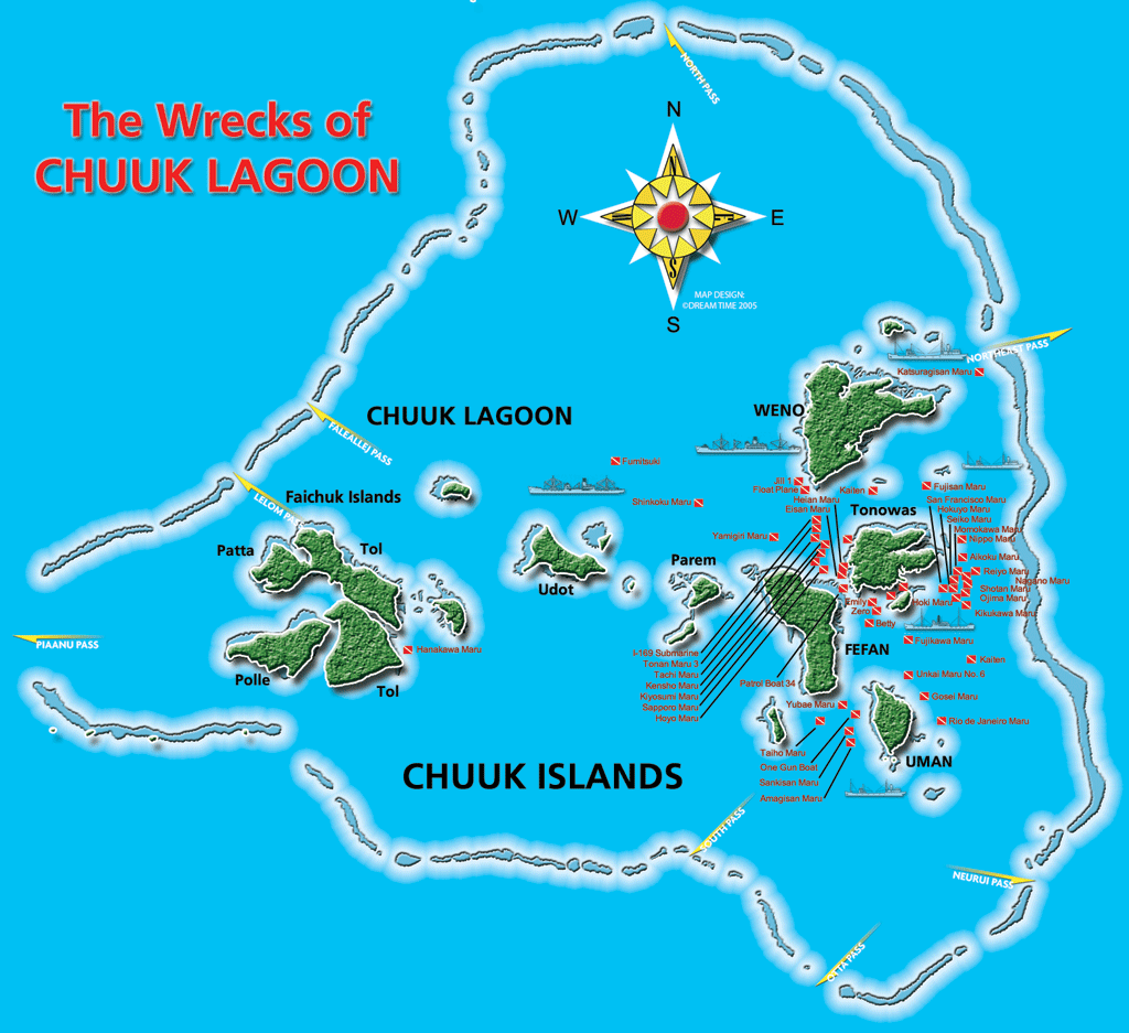 A map showing the many Japanese wrecks in Chuuk Lagoon.