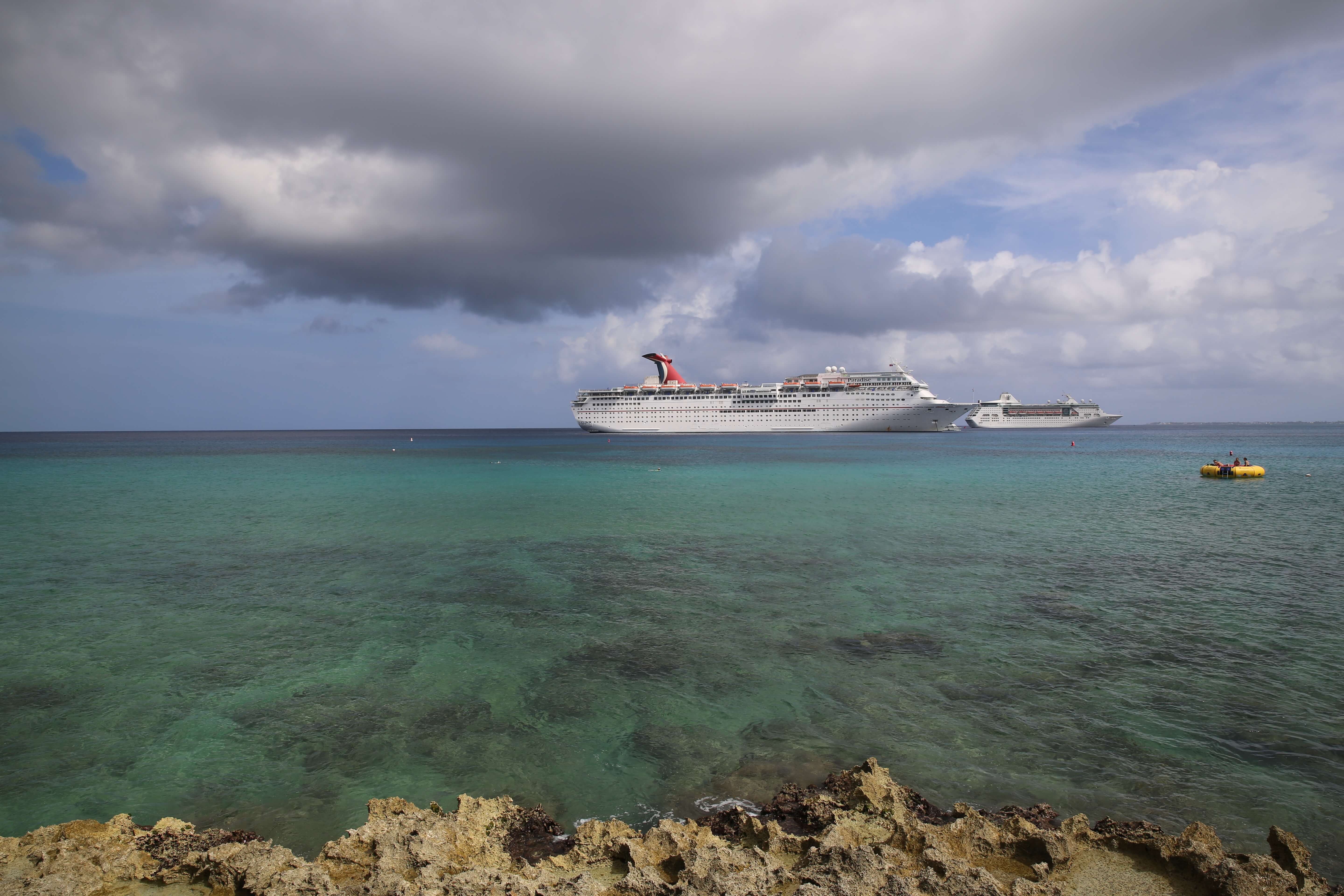 Cruise ships visiting George Town dock offshore. 