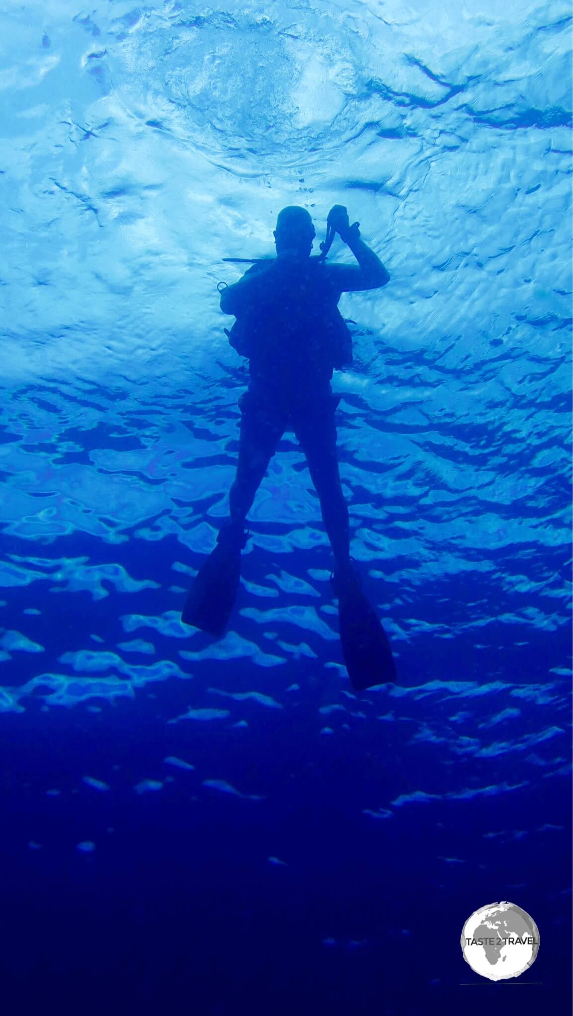 Me, descending into the turquoise depths of El Nido Bay on my first dive for the day.