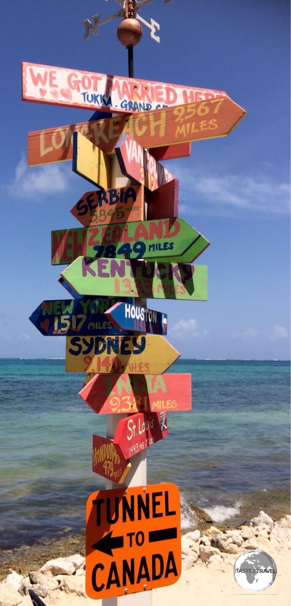 A distance marker at the Tukka restaurant, Grand Cayman.