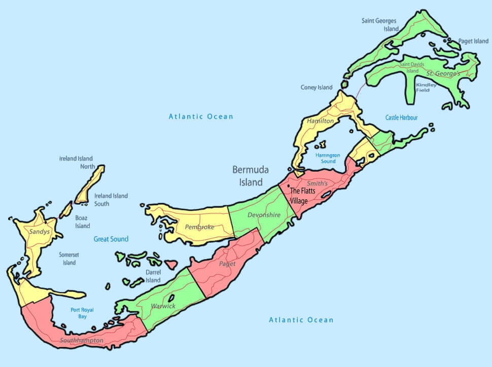 A map of Bermuda showing the different Parishes.