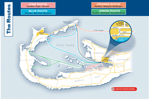 A map showing the four different Bermuda Ferry Routes.