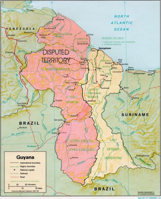 Map showing the disputed Essequibo territory (pink).