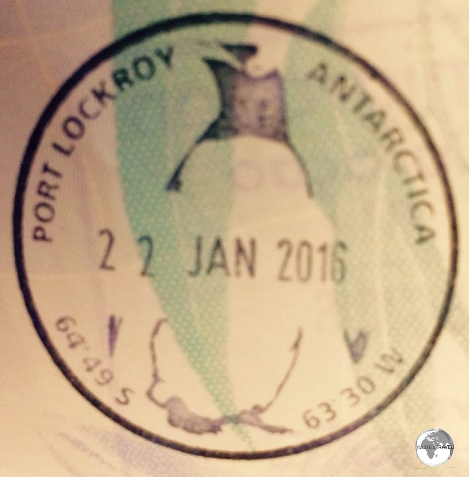 A souvenir Antarctica passport stamp, which is issued by the post office at Port Lockroy.