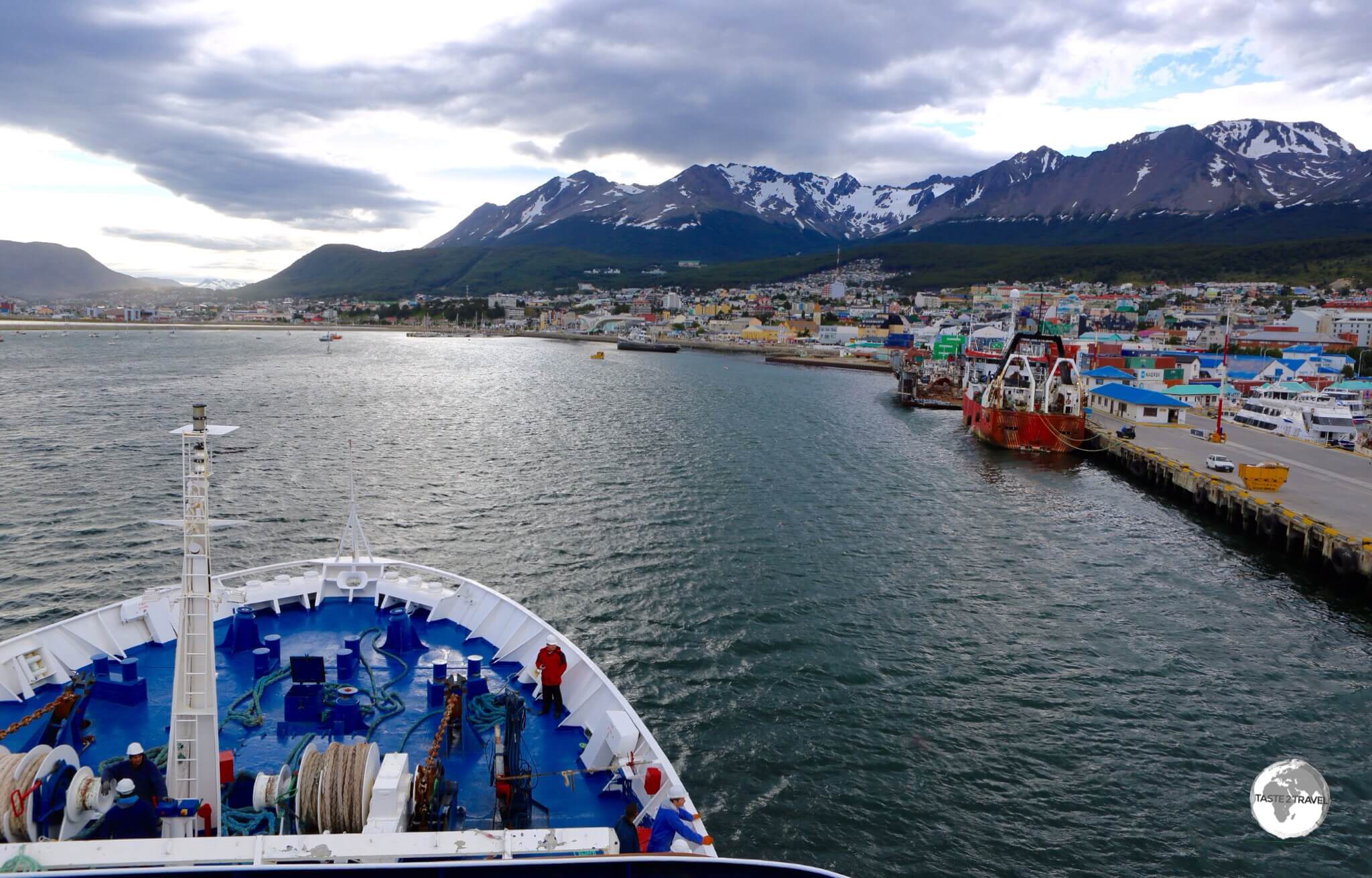 Our Quark Expedition ship, the <i>Ocean Diamond</i>, departing from Ushuaia, Tierra del Fuego, Argentina.