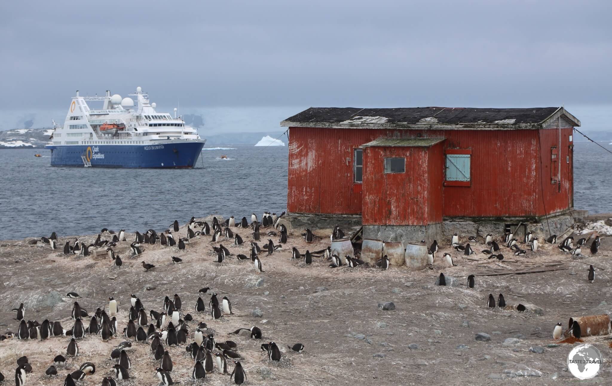 A view of the 'Ocean Diamond' moored in Mikkelsen Harbour and the Argentine refuge <i>Refuge Caillet-Bois</i> on D’Hainaut Island.