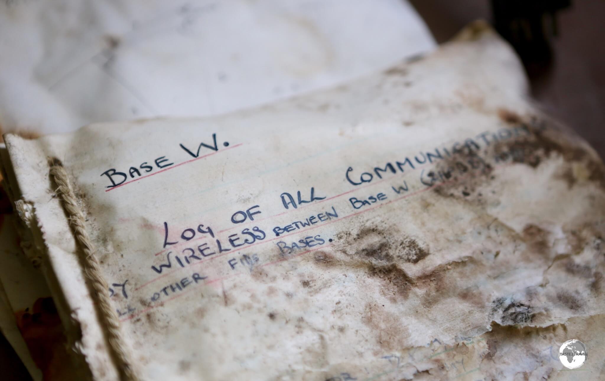 Scientific research material and log books remain on the desk in the office at Base W, Detaille Island.