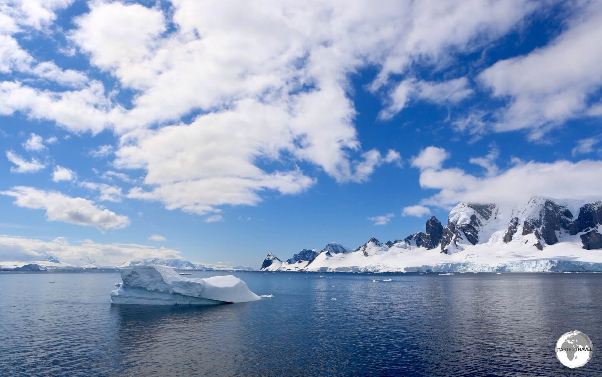 A view of the Errera channel, and the mountainous Antarctic peninsula, basking in glorious sunshine near Danco Island.