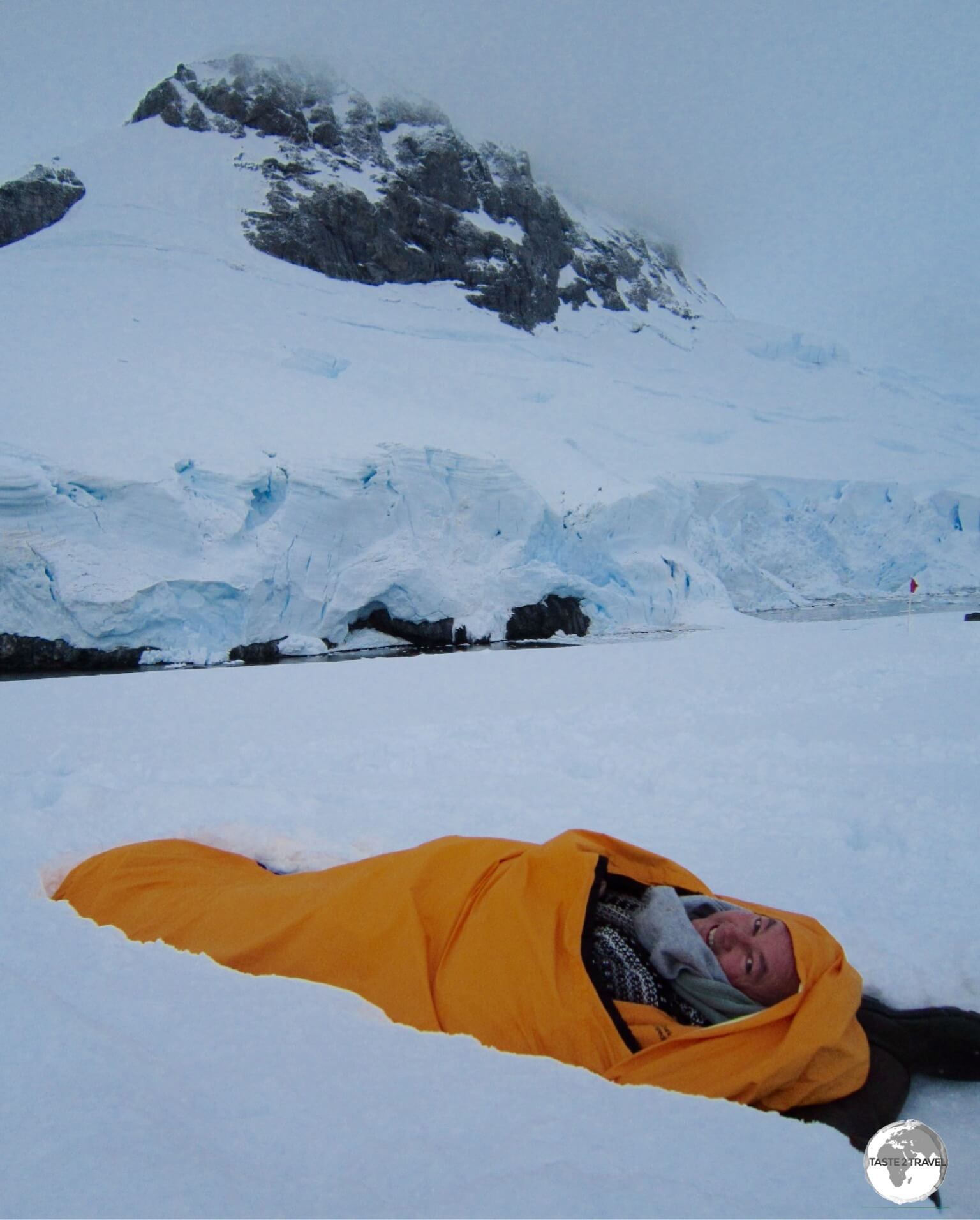 Wrapped up and protected against the elements, ready for my night of camping on Antarctica. 