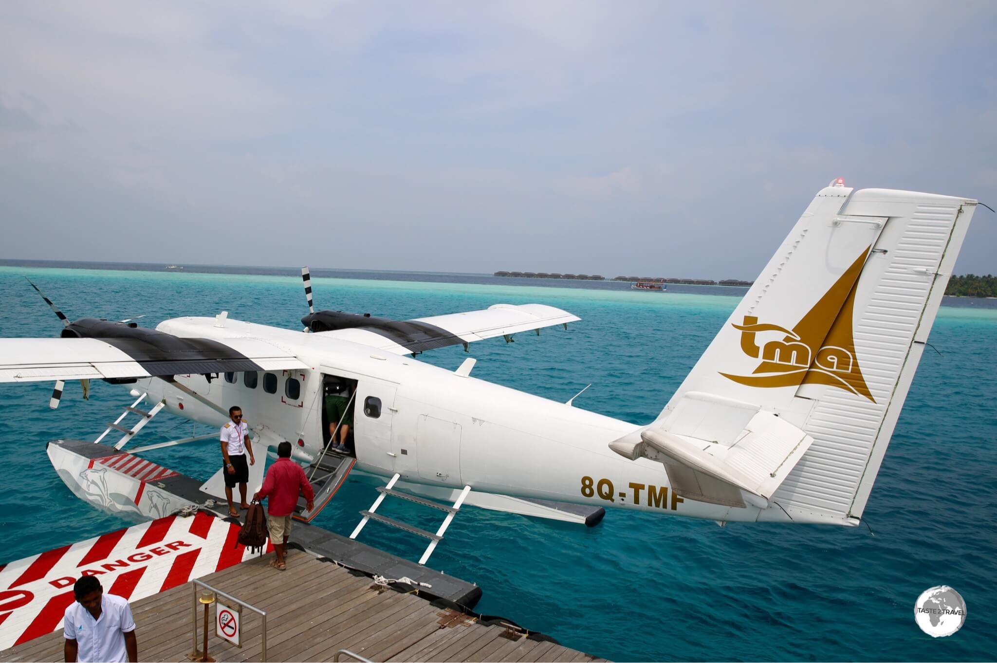 Arriving at the Vilamendhoo Island Resort pontoon on my TMA seaplane flight.