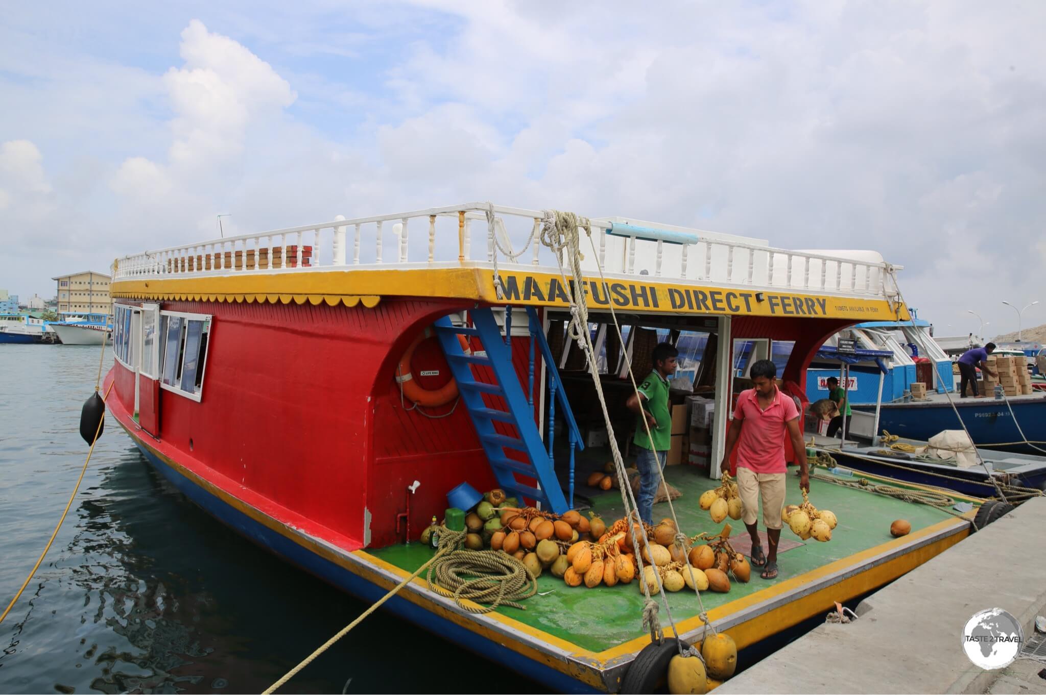 The Maafushi Ferry docked at the Viligili Ferry Terminal in Malé.