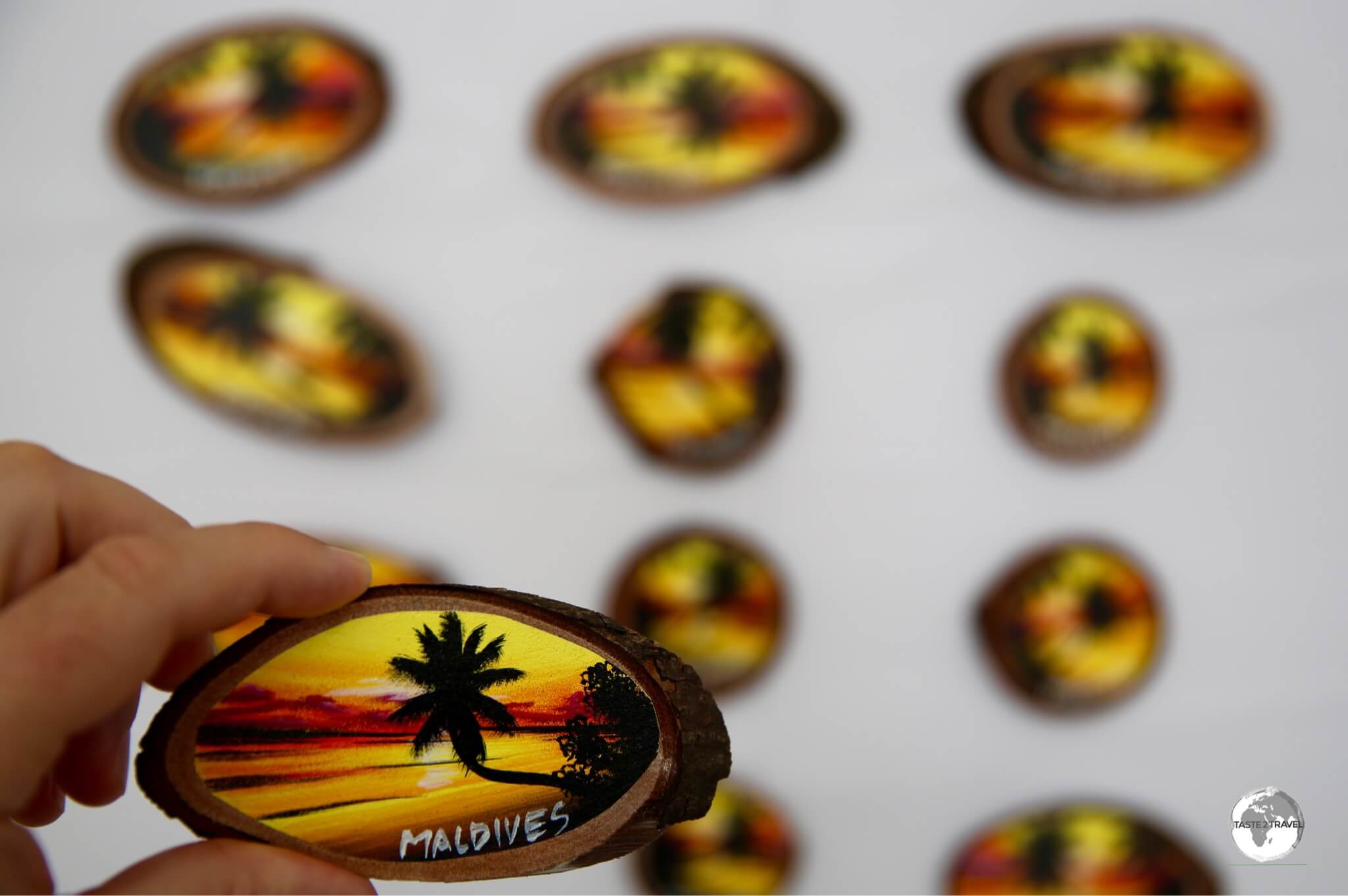 Hand-painted souvenirs of the Maldives, from the studio of Ibrahim Shinaz on Maarfushi Island.