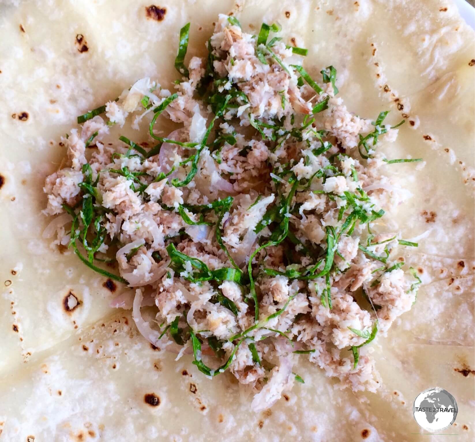 Freshly made <i>Mas Huni</i> with roti, served at breakfast by my guest house on Maafushi Island.