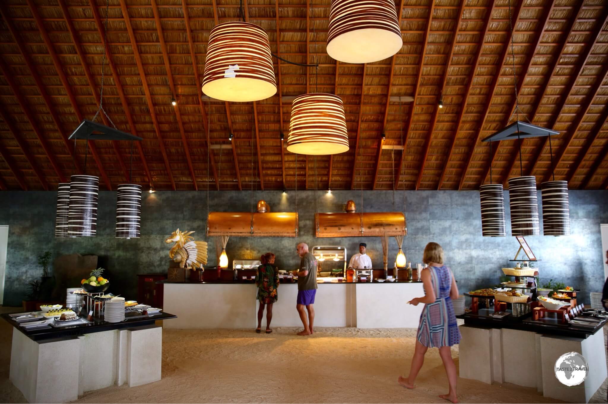 The sand-floor, Ahima buffet restaurant, one of several restaurants at Vilamendhoo Island Resort and Spa.