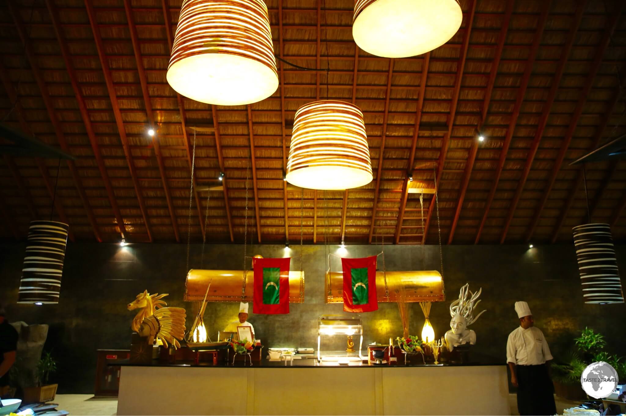 Flags out for the Maldivian night at the Ahima restaurant at Vilamendhoo Island Resort and Spa.