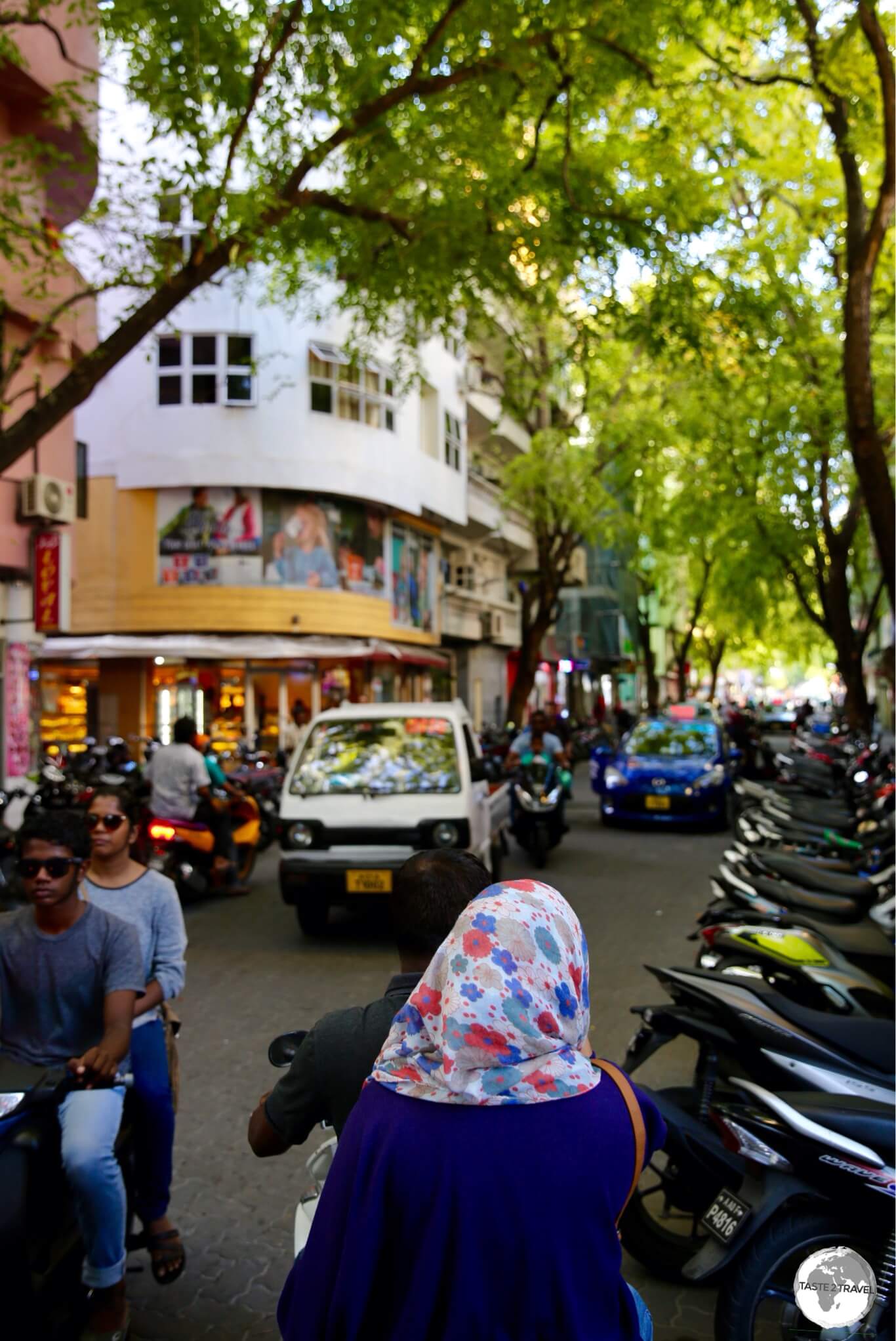 The narrow, bustling streets of Malé are always congested with parking spaces difficult to find. 