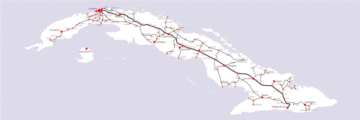 A map of the Cuban rail network. <br /> <i>Source: Wikipedia</i>