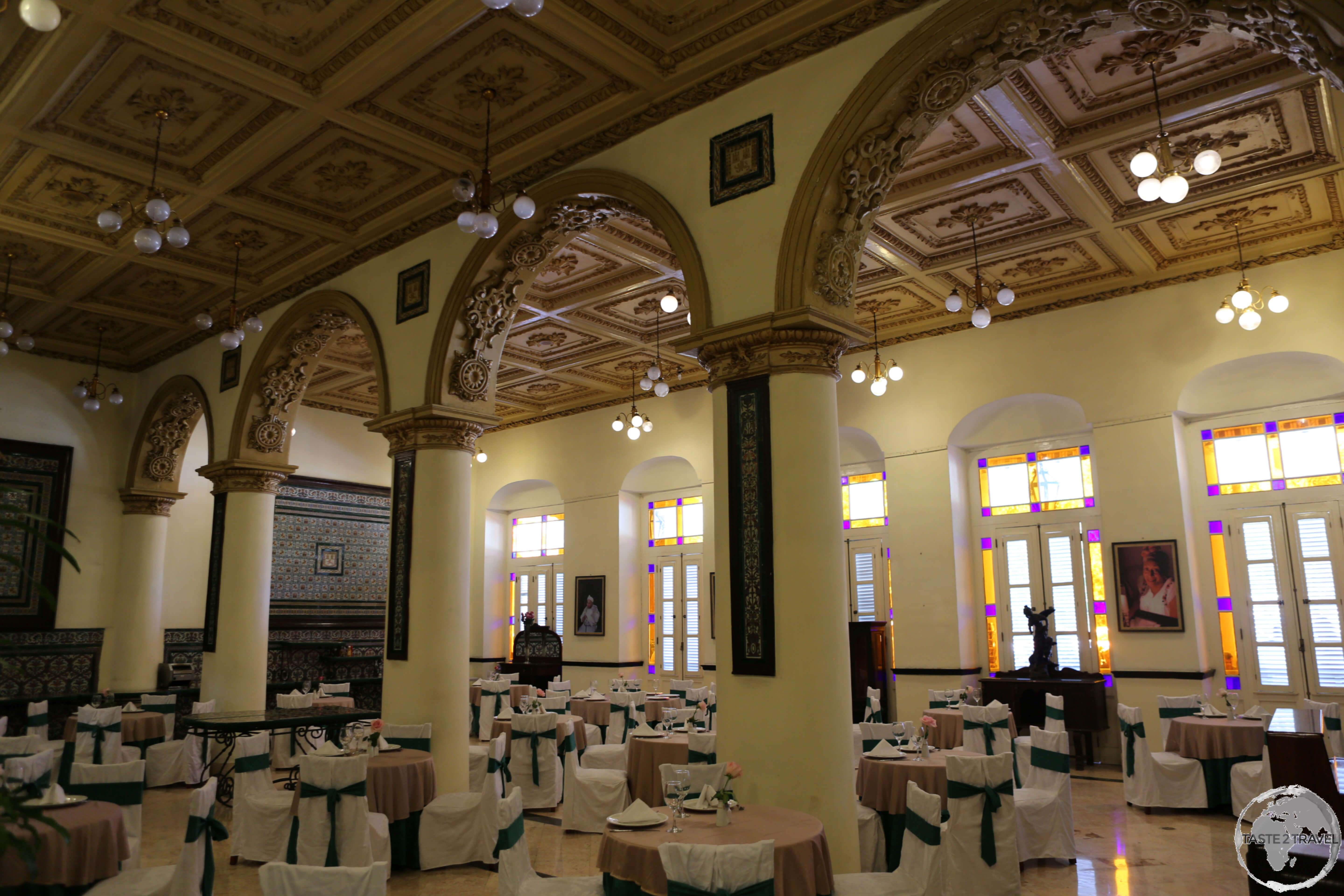 The ornate dining room at the Hotel Inglaterra, a landmark hotel in Havana old town.