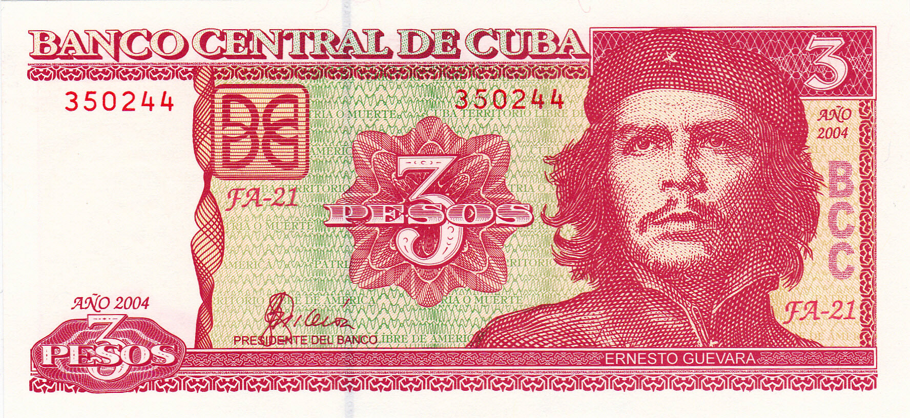 Che Guevara adorns this 3-peso bank note, which I purchased from a currency dealer on <i>Plaza de Armas</i> in Havana old town.