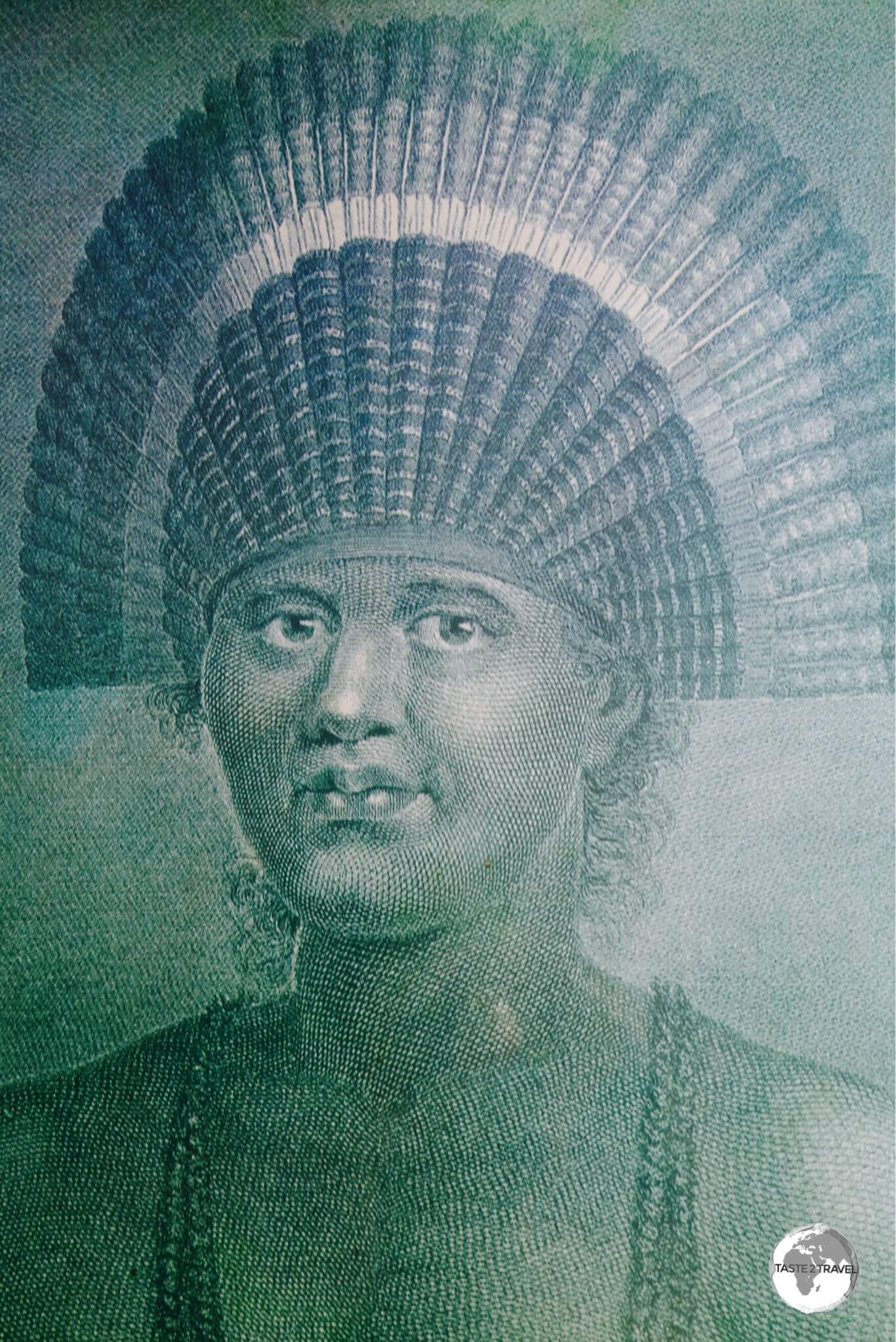 An engraved portrait titled "Poulaho, King of the Friendly Islands", which was made during Cook's voyage, on display at Friend's cafe in Nuku’alofa.