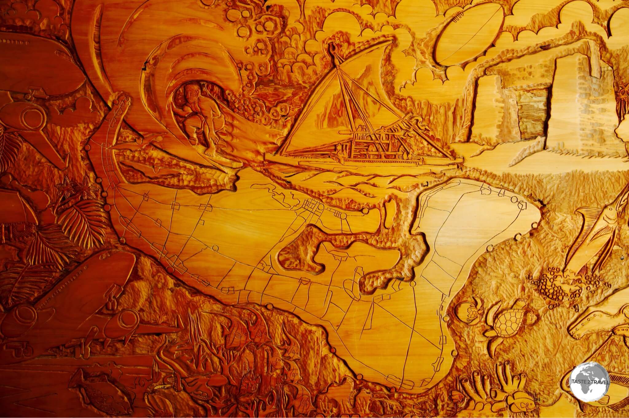 A wood-carved map of Nuku'alofa. Captain James Cook spent months here charting the archipelago.