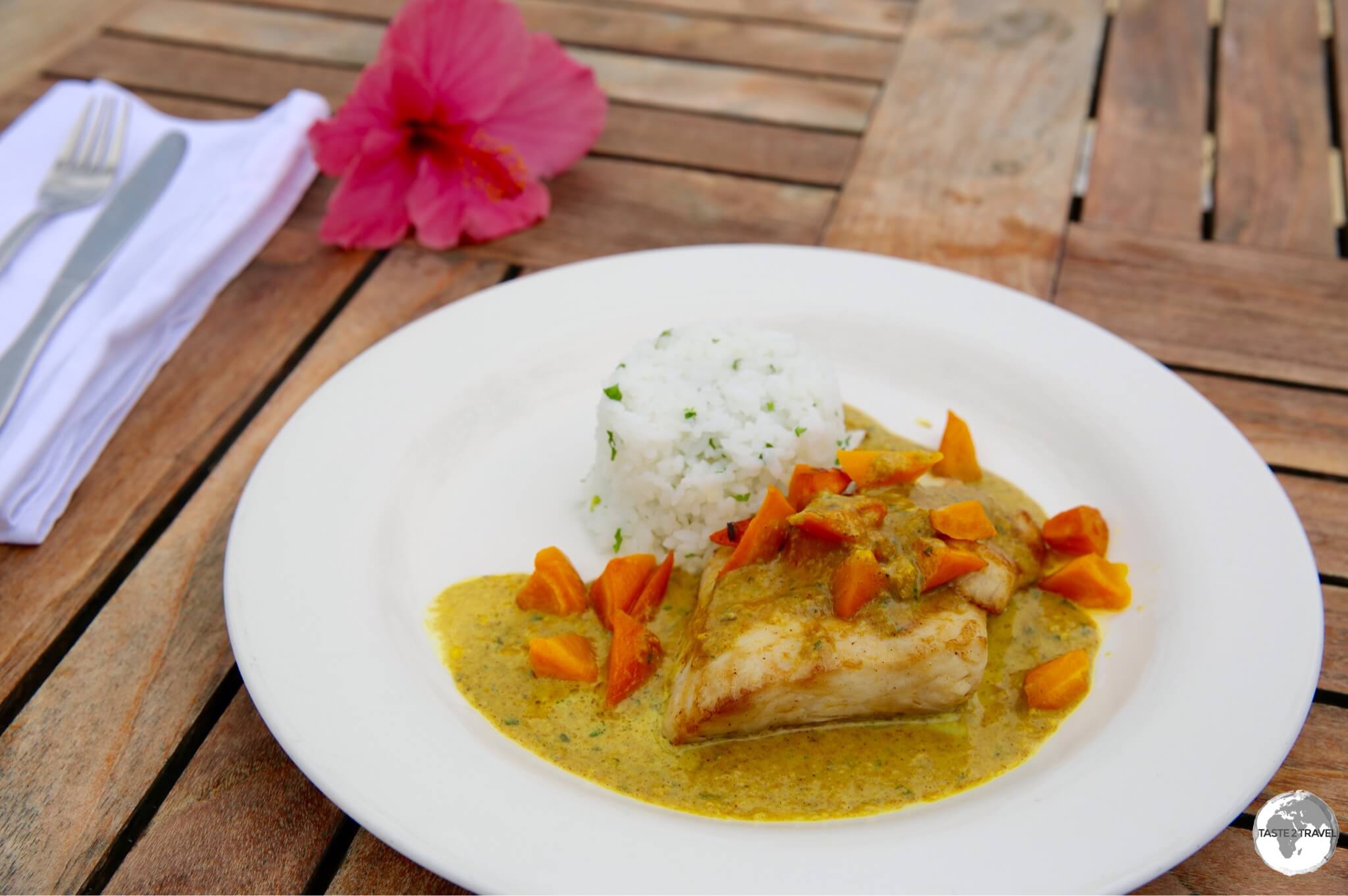 My lunch at Fafa Island resort, amazingly fresh local Snapper with a curry sauce.