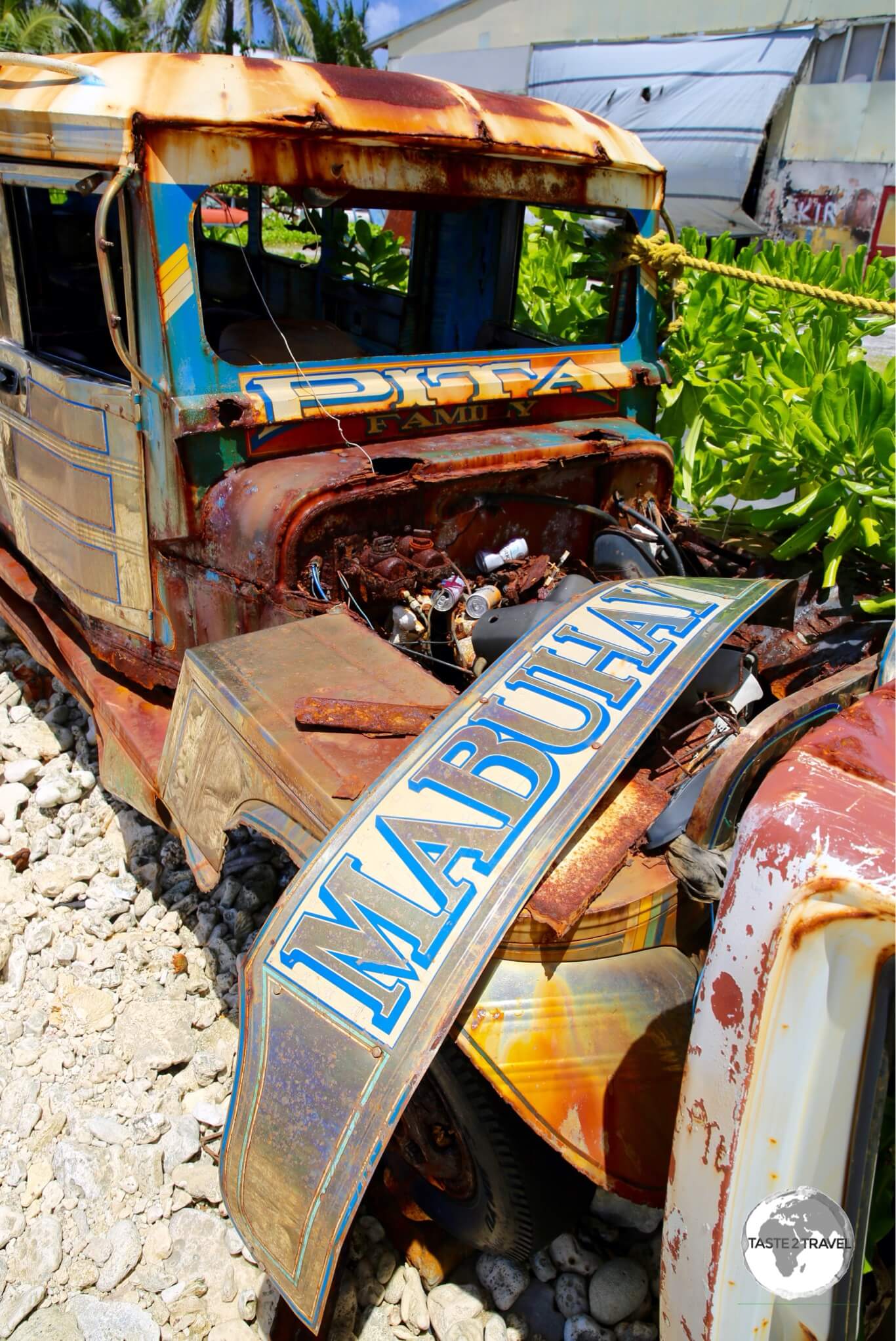 The abandoned Filipino Jeepney still sports its 'Mabuhay' (means "Welcome" in Tagalog) panel.