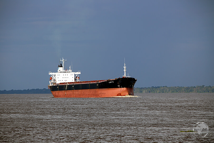 A long way from the sea - 1,400 km upriver, an ocean-going freighter approaches Manaus port.