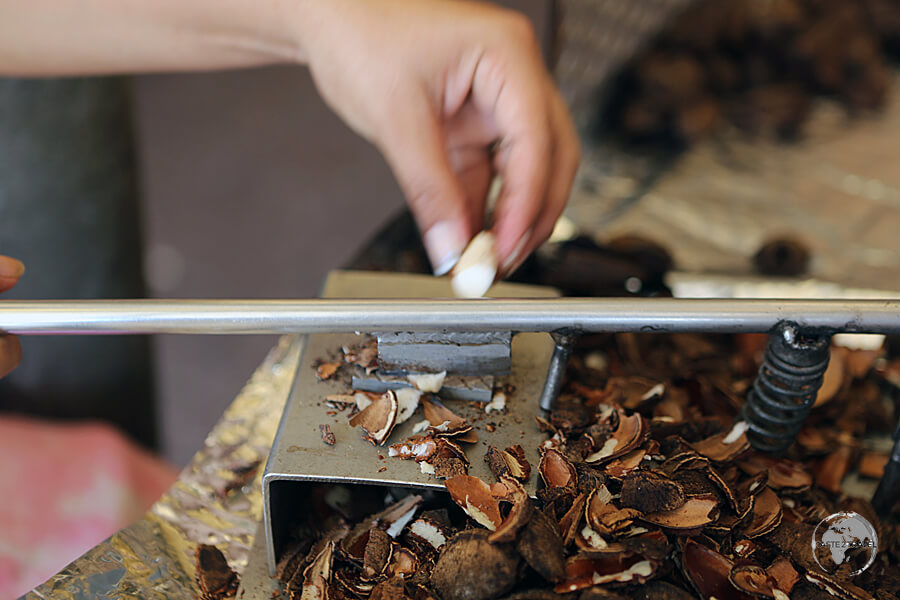 Some traders use small guillotines to remove the shell, which is a little faster than a knife.