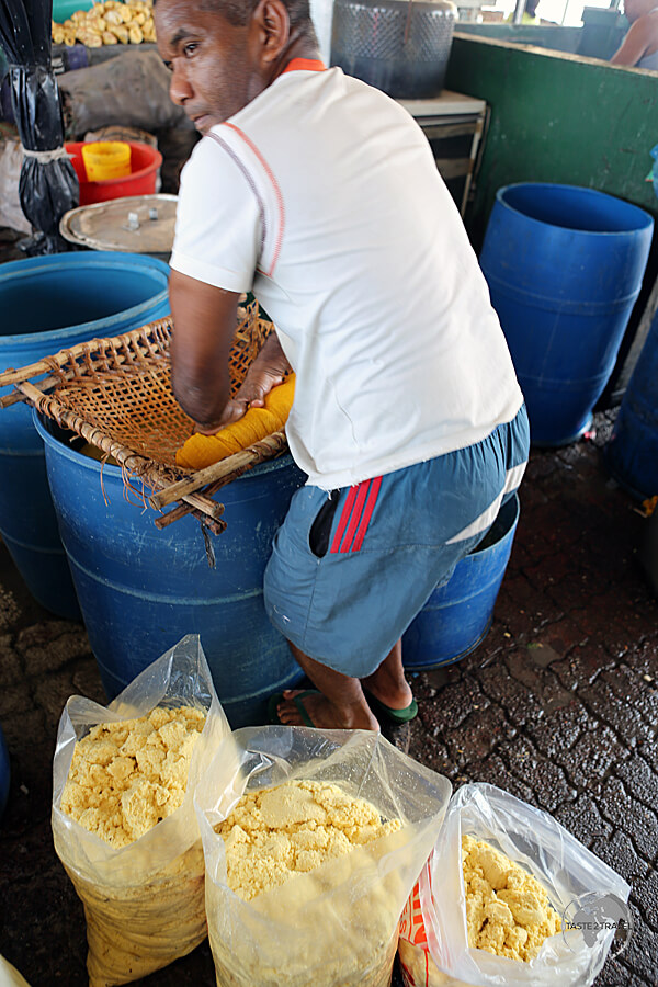 The staple of Amazonian cuisine, Farofa, being preparing at the 'Ver-O-Peso' market in Belem.