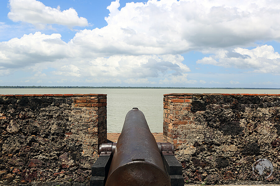 A Portuguese cannon overlooks the Amazon river from Presepio Fort in Belem, Brazil.