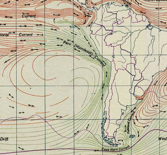 Traveling from Antarctica, the cold Humboldt current sweeps north along the west coast of South America then moves west along the Equator to the Galapagos Islands. 