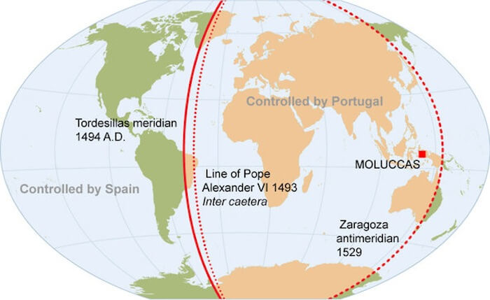 A world map showing the two hemispheres as defined by the Treaty of Tordesillas.