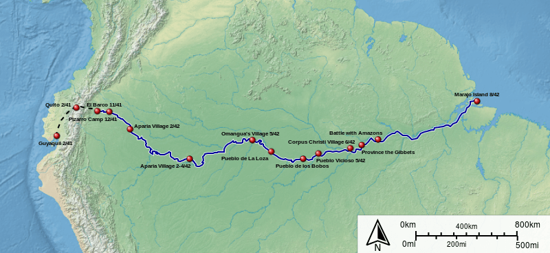 Amazon River Travel Guide: A map showing Francisco de Orellana's Amazon Voyage. Source: Wikipedia.